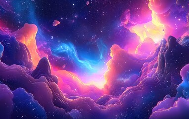 Obraz premium bright cosmic nebula with galaxies and stars, fantasy vector illustration in red, blue, purple, and pink tones, high quality, realistic details, abstract background