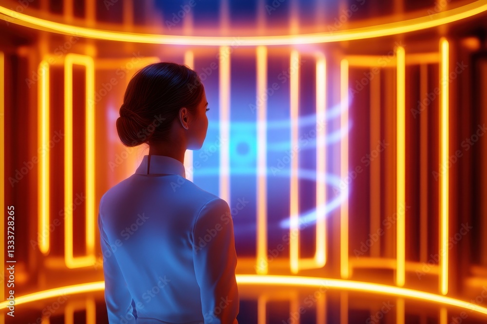 Poster a person gazes into a vibrant, illuminated space with glowing lines, creating a futuristic and immer