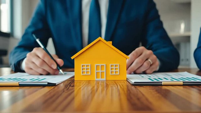 Real Estate Agent Analyzing Property Investment with House Model Negotiating Contracts and Reviewing Documents for Successful Transactions