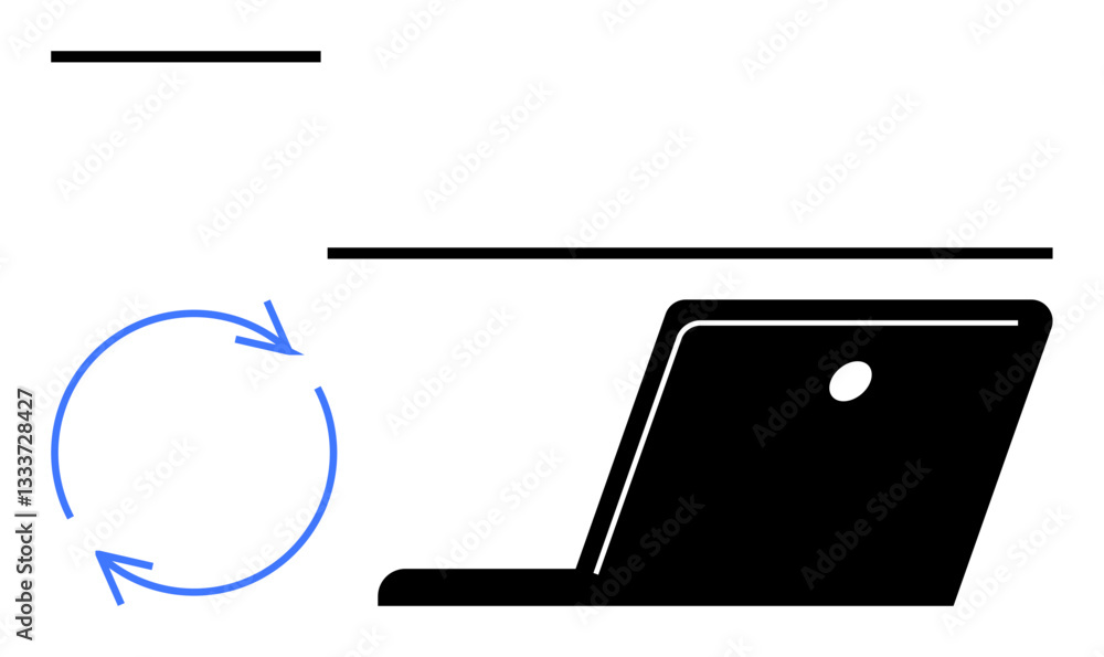 Aufkleber laptop tilted open with a circular refresh arrow and horizontal bars. ideal for workflow, technology