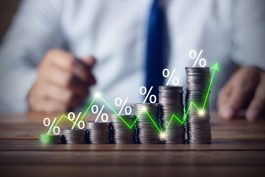 concept of financial growth, investment wealth accumulation shows  trend increasing income through symbol line graph stacked coins. investment, finance, growth, profit, savings, money.