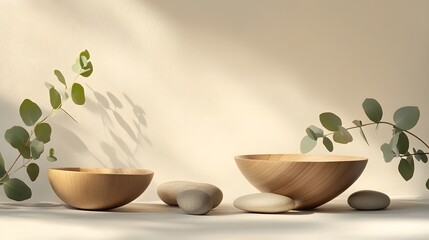 Wooden Bowls Eucalyptus Branches Stones Soft Sunlight Minimalist Aesthetic