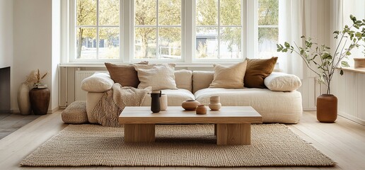 Obraz premium Cozy and Bright Living Room Interior with Modern Scandinavian Design Details