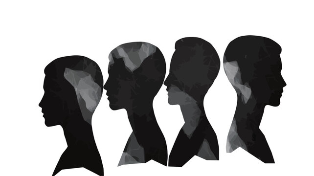 The image consists of four grayscale head silhouettes depicted in profile view, arranged consecutively.  The silhouettes are rendered in a painterly style, suggestive of watercolor or a similar