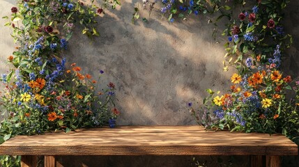 A rustic wooden surface with blooming wildflowers and wall