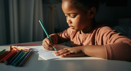 Young african female child drawing with colored pencils
