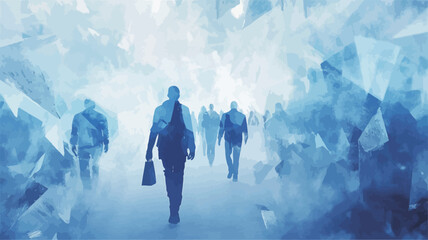 The image depicts several silhouetted figures in business attire walking through a surreal environment composed of large, fragmented crystalline structures. The color palette is predominantly