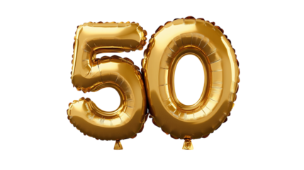 Gold balloon shaped as the number fifty, isolated on transparent background