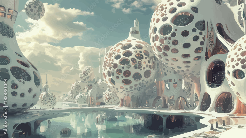 Fototapete a digital rendering depicts a surreal landscape featuring a city composed of large, biomorphic, whit