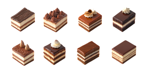 Assorted decadent layered chocolate cakes displayed as premium dessert portions isolated on a transparent background for advertising.