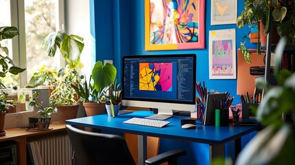 Vibrant Home Office Workspace with Computer Plants and Colorful Art