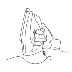 Fototapeta premium Continuous single line of hand holding electric iron clothes home appliance laundry theme sketch drawing editable stroke vector illustration