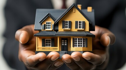 Broker holding a house model, pointing to mortgage terms