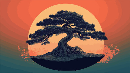 Digital illustration of a bonsai tree in a dark silhouette against a large, round, orange and teal background suggestive of a sunset or sunrise. The background features subtle flames or fire