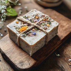 Handcrafted Herbal Soap with Dried Flowers on Rustic Wooden Board