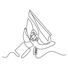 Continuous single line of hand holding electric iron clothes home appliance laundry theme sketch drawing editable stroke vector illustration