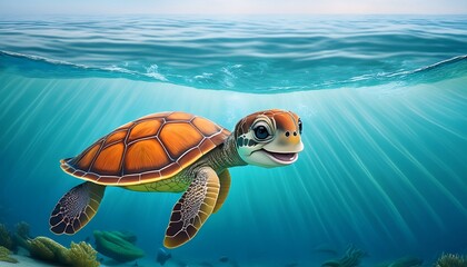 happy cartoon turtle swimming in the ocean