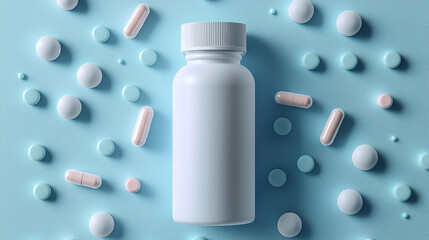 Realistic Mockup White supplement bottle surrounded by pills and capsules on pastel blue background