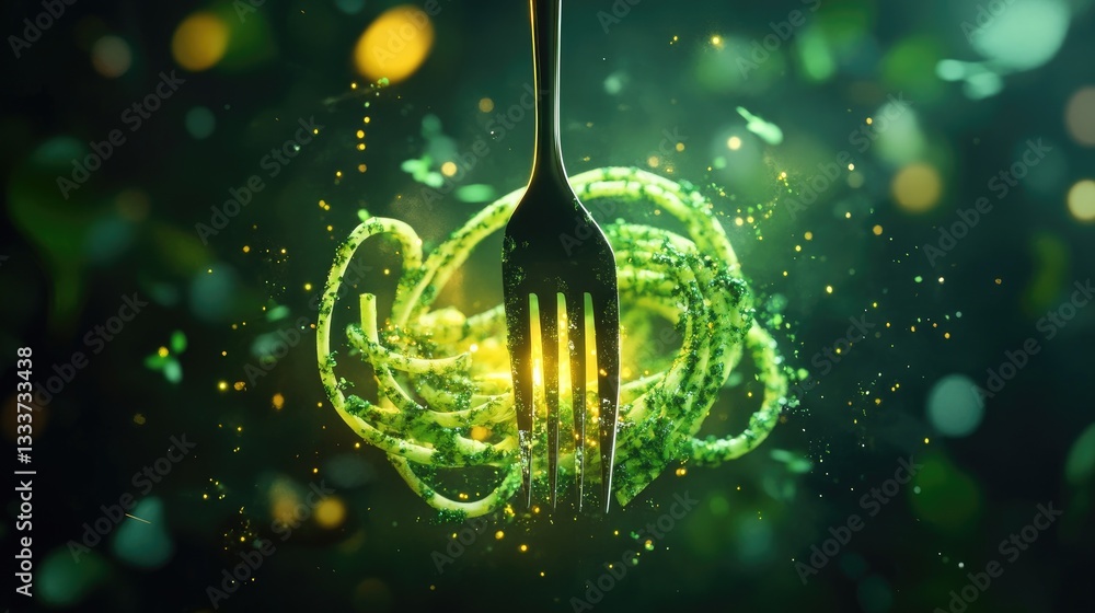Poster whimsical fork with spiraled green pasta surrounded by a dynamic green background and sparkling part