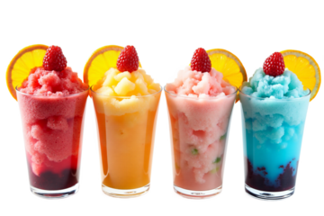 Colorful shaved ice drinks. Summer refreshment, party dessert, fruit slush. Isolated on white background.