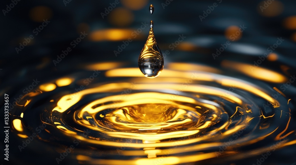 Poster close-up image of water droplet creating ripples in golden liquid with soft focus and bokeh effect
