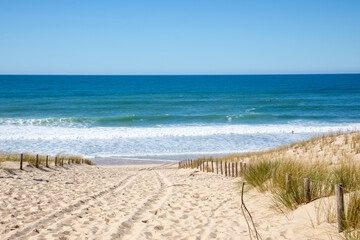 Sandy beach on grand crohot  in lege cap-ferret France french Atlantic coast with mesh fencing with...
