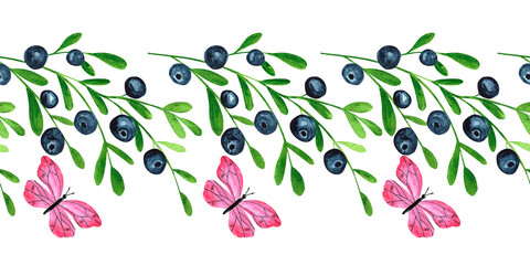 Watercolor illustration blueberries, colorful butterflies, hand drawn seamless frame on white background.
