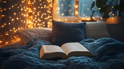 Cozy Bedroom Scene with Open Book and Fairy Lights