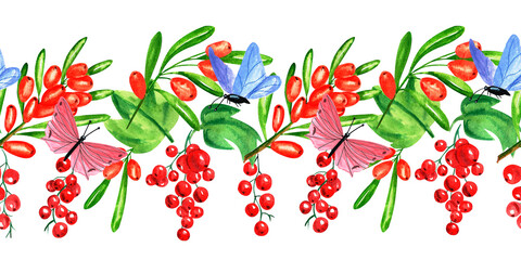 Watercolor illustration, hand drawn seamless border on a white background. Red currant, sea ​​​​buckthorn, twigs, leaves, butterfly 