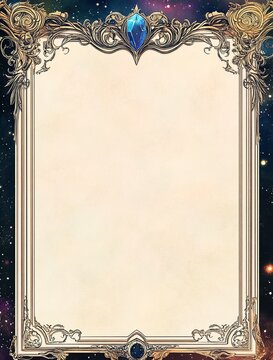 A blank fantasy-style paper with an ornate border and a magical blue gem