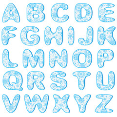 Vector images letters of the English alphabet with blue Christmas pattern of snowflakes isolated on transparent background