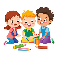 three Kids Drawing and Playing Together