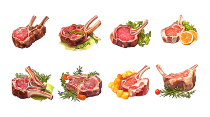 Eight different cuts of raw lamb chops seasoned with herbs and fruit garnishes, arranged for butcher shop display against a transparent background.