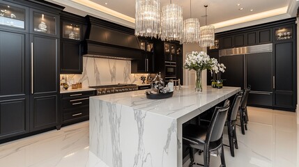 Exquisite modern kitchen with marble island and striking black cabinetry