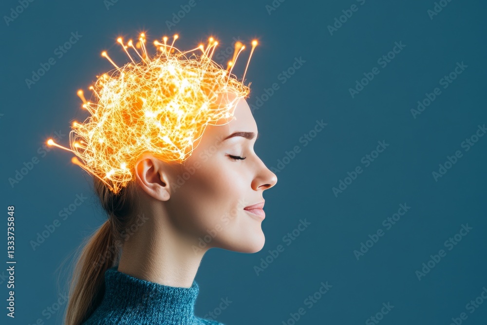 Poster side profile of futuristic woman with illuminated neural brain network in conceptual digital art rep
