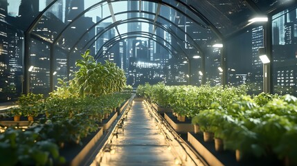 Futuristic Urban Farm at Night Green Plants Illuminated Under Glass Ceiling