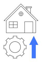 House outline paired with gear and upward arrow representing growth, innovation, and progress. Ideal for construction, improvement, technology, efficiency, innovation engineering growth. Flat