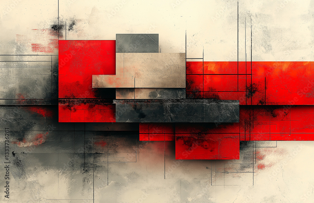 Poster abstract digital art with red, gray, and white blocks, layered brushstrokes, and textured background