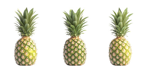 Three ripe whole pineapples standing upright in a row, ideal for tropical food advertising material isolated against a solid transparent background.