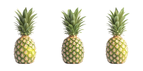 Three ripe whole pineapples standing upright in a row, ideal for tropical food advertising material isolated against a solid transparent background.