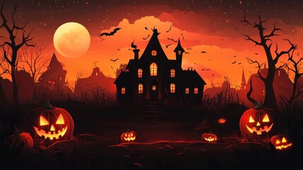 Abstract haunted house silhouette with glowing jack-o'-lanterns and full moon, spooky vector background 