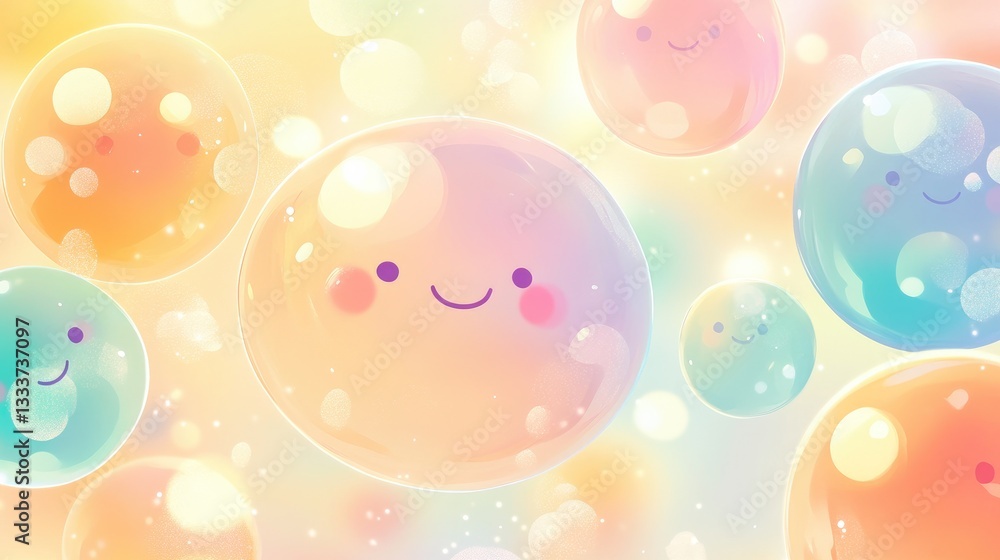 Poster cheerful colorful bubbles with smiling faces floating on a soft pastel background