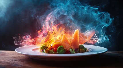 Vibrant and Smoky Gourmet Dish with Fresh Vegetables and Salmon Fillet Garnished with Herbs and Colorful Ingredients