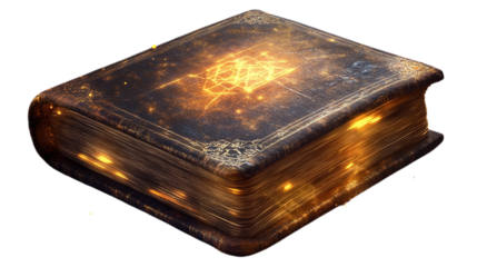 Magical Halloween spell book with glowing runes, isolated on transparent background