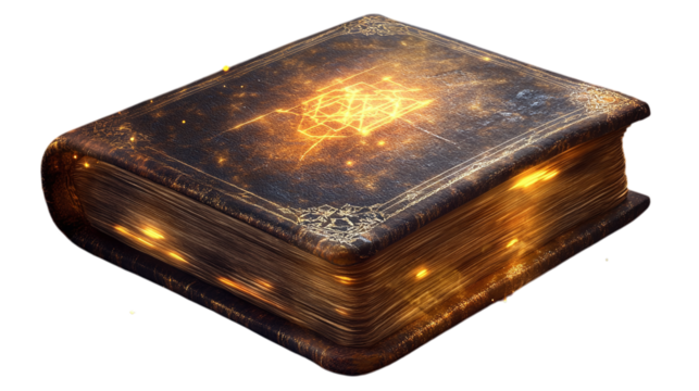 Magical Halloween spell book with glowing runes, isolated on transparent background