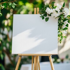 Blank canvas sign on easel, decorated with floral garland, outdoor setting