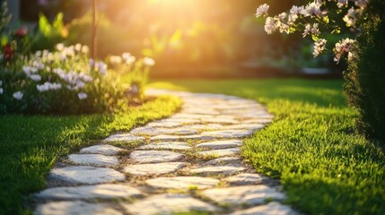 Obraz premium Serene Garden Path with Soft Light and Lush Greenery in Springtime