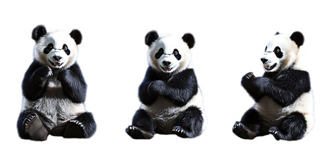 Fototapeta premium Three cute baby panda bears sit upright in a row against a clean transparent background, suitable for wildlife presentation slides or promotional