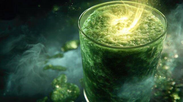 Green Smoothie with Spirulina and Fresh Ingredients in a Transparent Glass on a Dark Background
