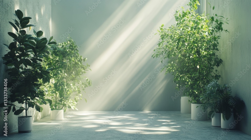 Poster pristine studio room bathed in soft diffused light with greenery